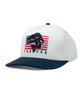 White cap with black and red graphic design on a white background
